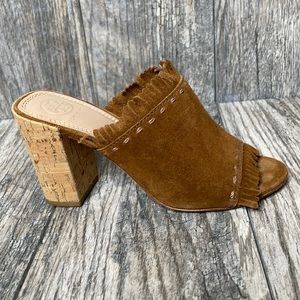 Tory Burch Huntington Suede Heeled Mule Fringed Leather 5.5M